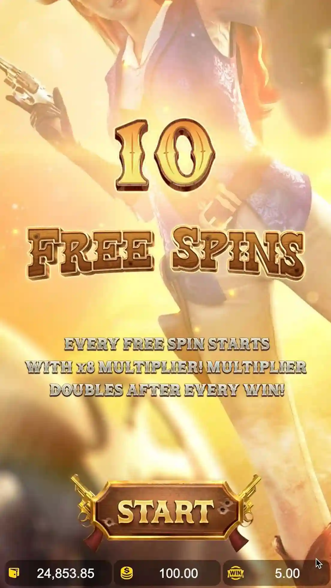 Free spins intro screen with 10 free spins 
