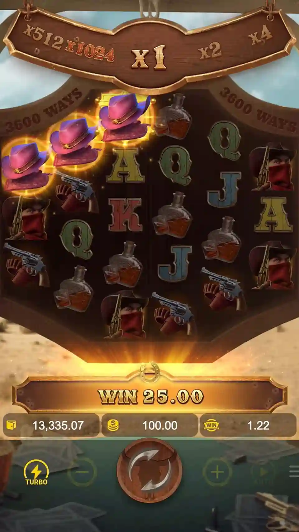 Wild Bounty Showdown slot game win screen with western symbols