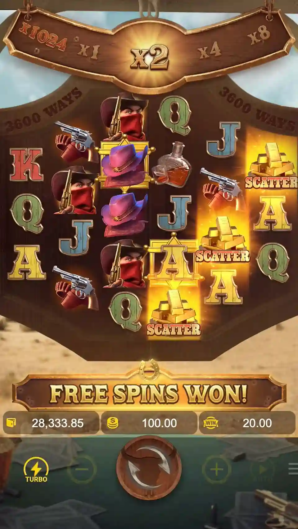 Slot game screen with x2 multiplier scatter symbols