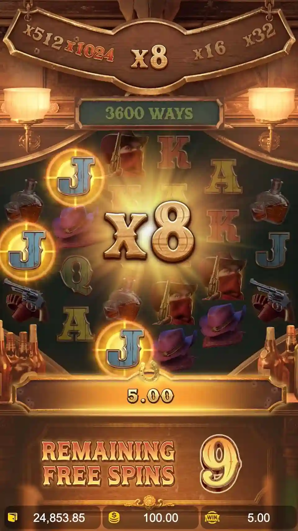 Free spins screen with x8 multiplier and 3 remaining free spins 